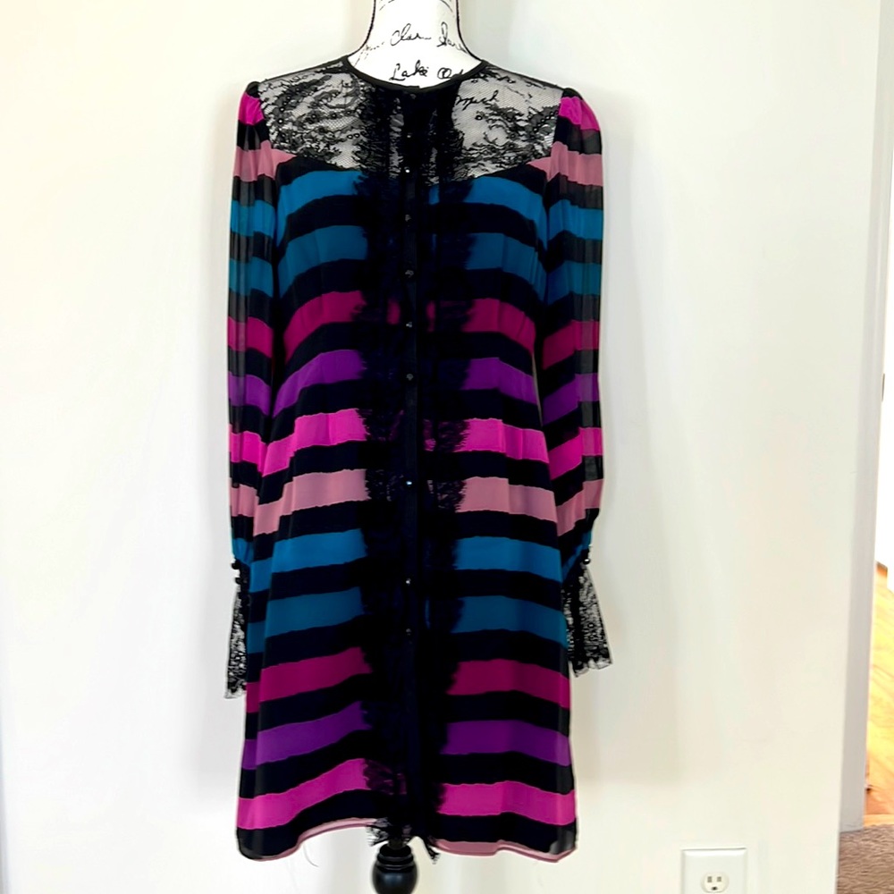 Nanette Lepore, 100% silk striped dress with black lace size 10